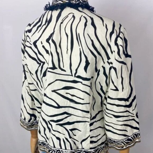 Chico's Linen Animal Print Zebra Fringe Open Jacket Metal Details Womenβs Size 2 - Picture 2 of 15